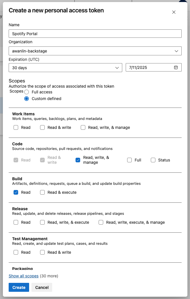 PAT (Personal Access Token) Scopes example