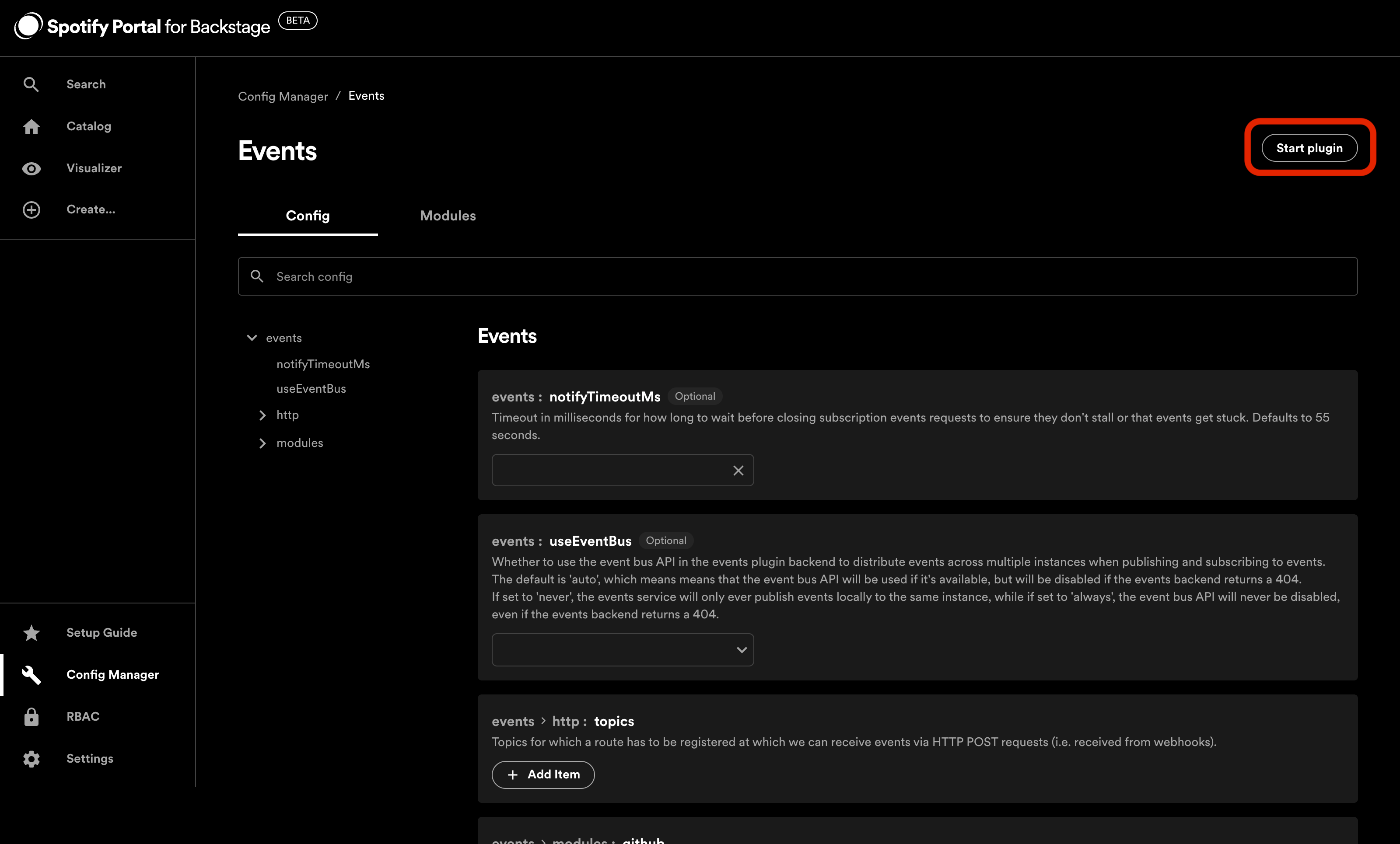 Config Manager Events plugin page with Start Plugin button highlighted