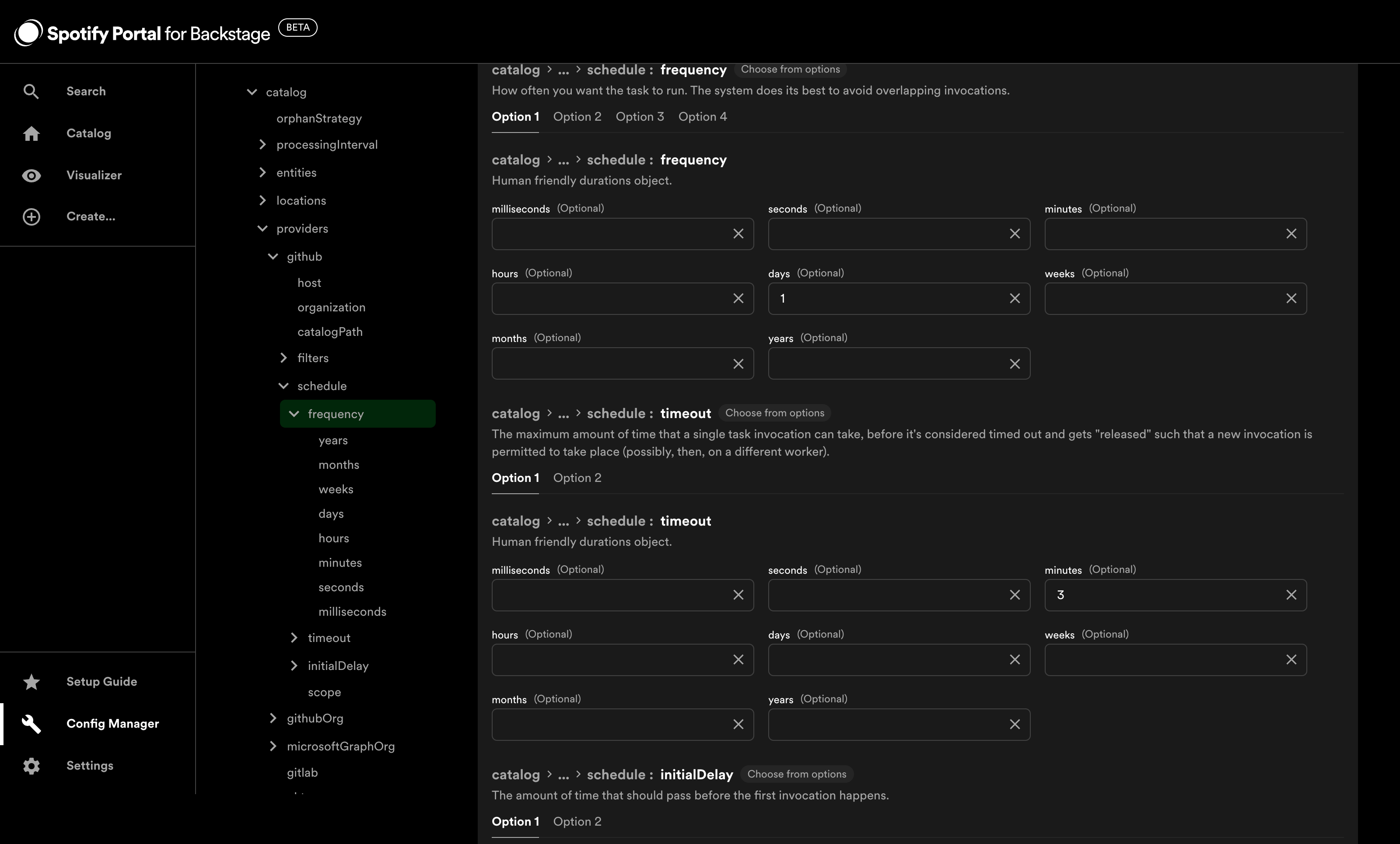 Config Manager Catalog plugin page showing schedule.frequency and schedule.timeout fields