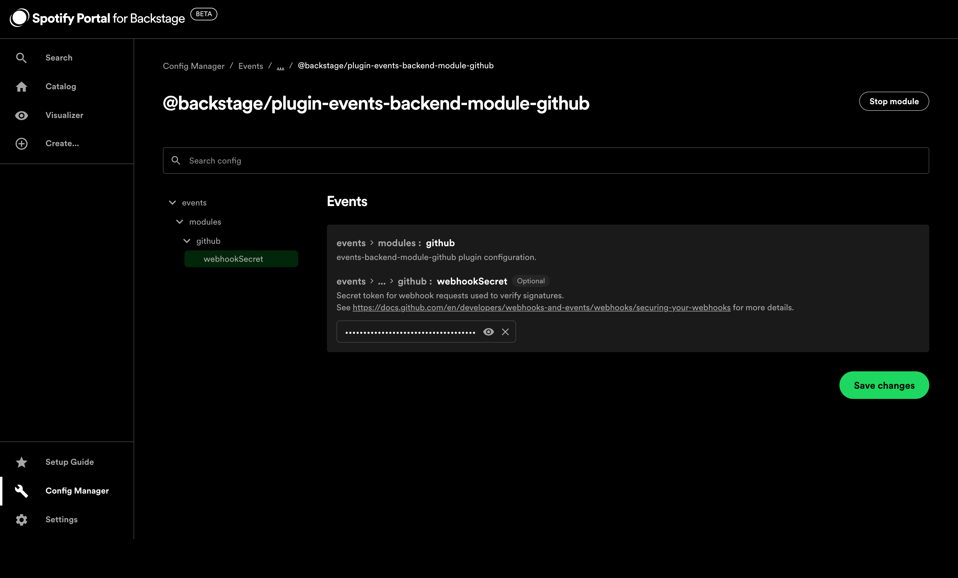 Config Manager showing @backstage/plugin-events-backend-module-github with webhookSecret field