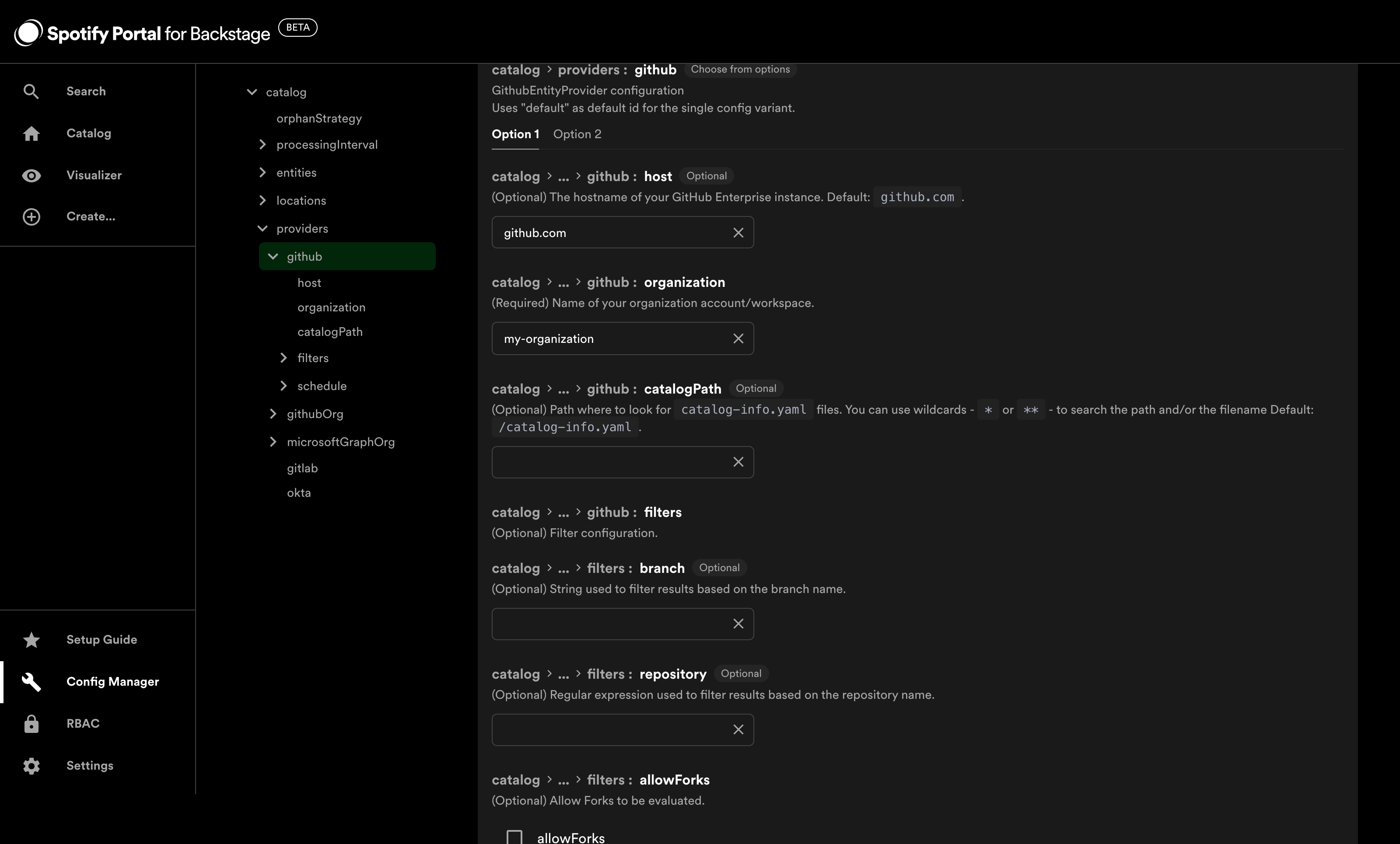 Config Manager Catalog plugin page showing host and organization fields