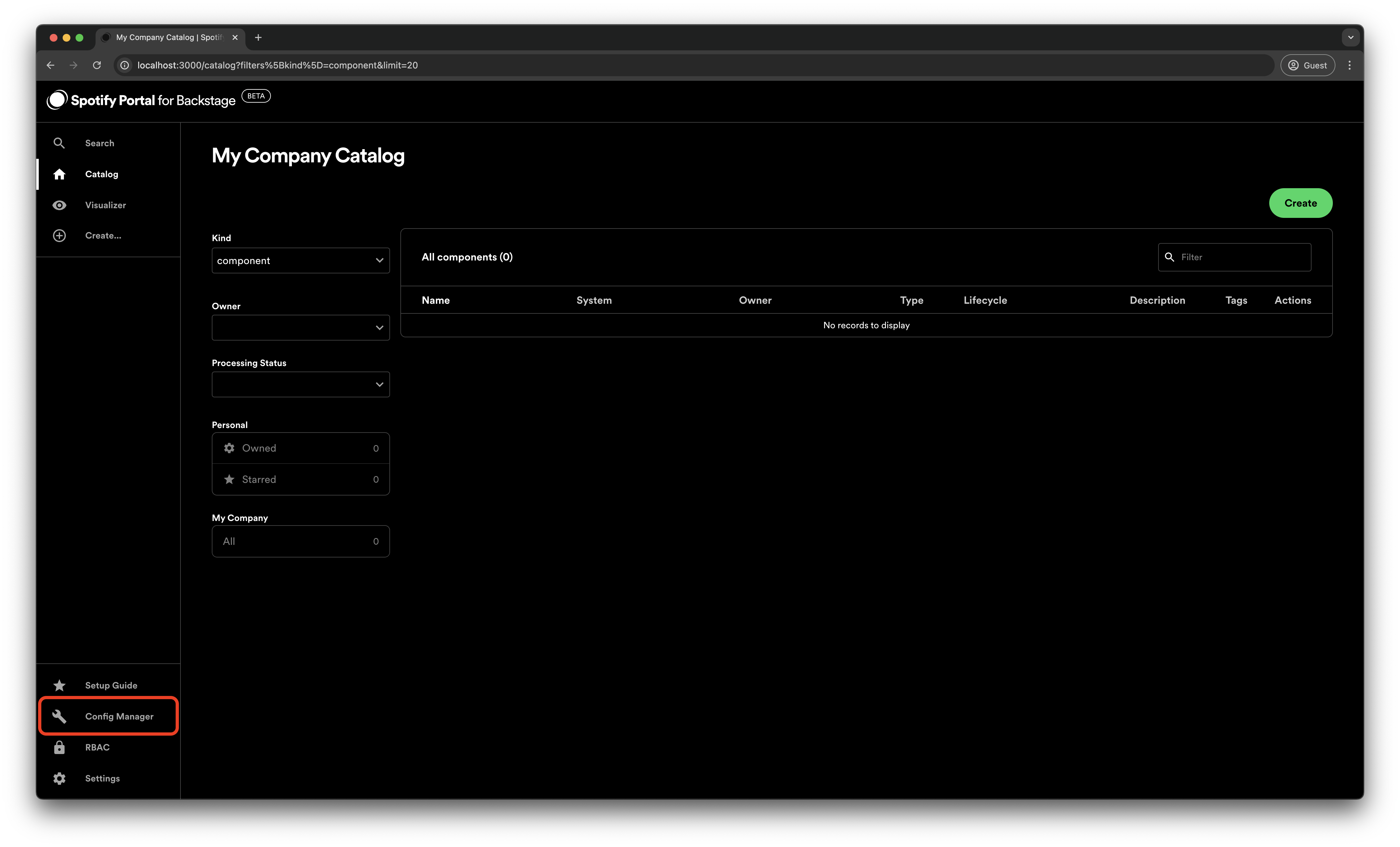 The Catalog page with the Config Manager menu item at the bottom of the sidebar highlighted
