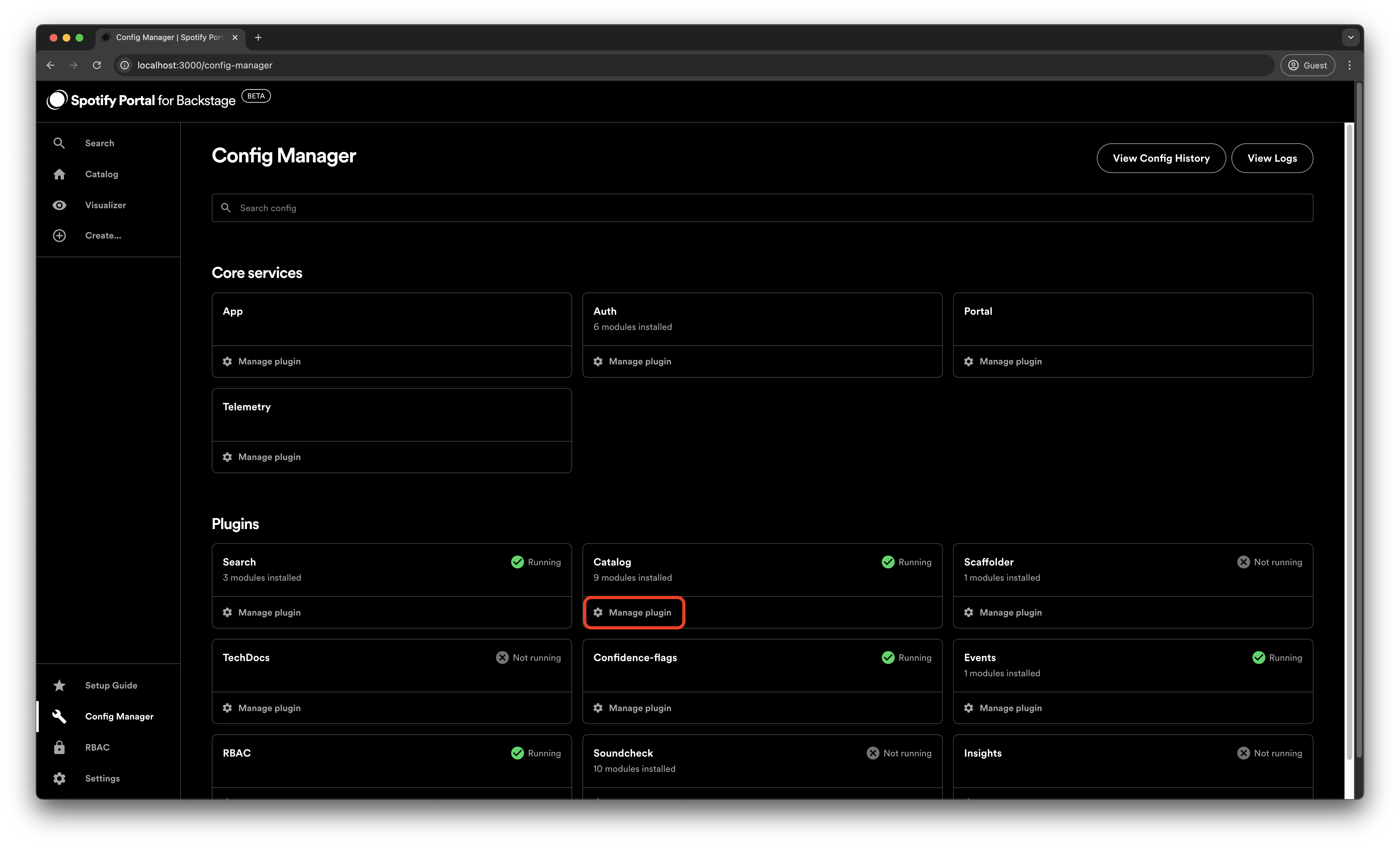 The Config Manager page with the Manage plugin option highlighted for the Catalog plugin