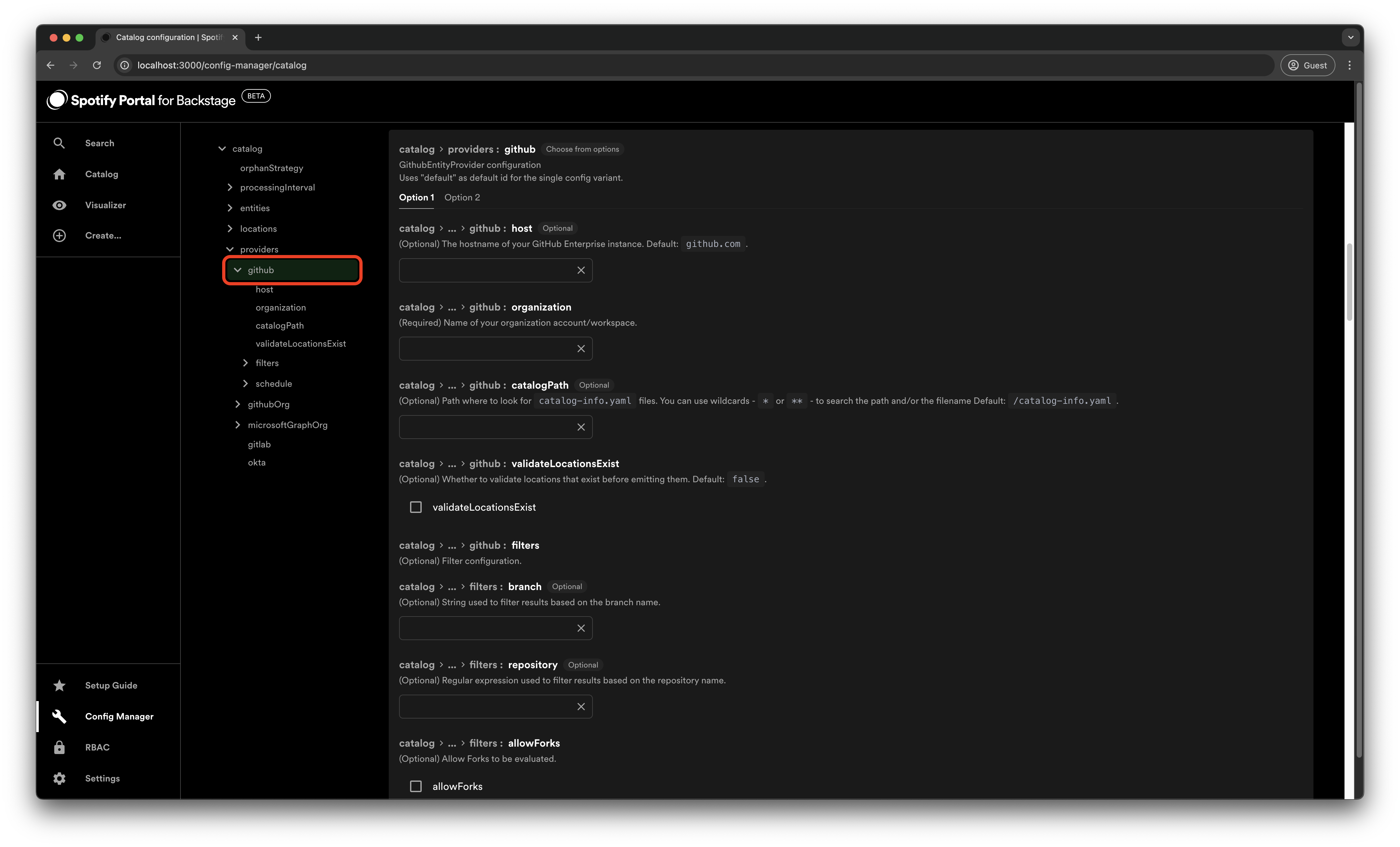 The Config Manager page showing all of the available options for the Catalog plugin, with the github section highlighted