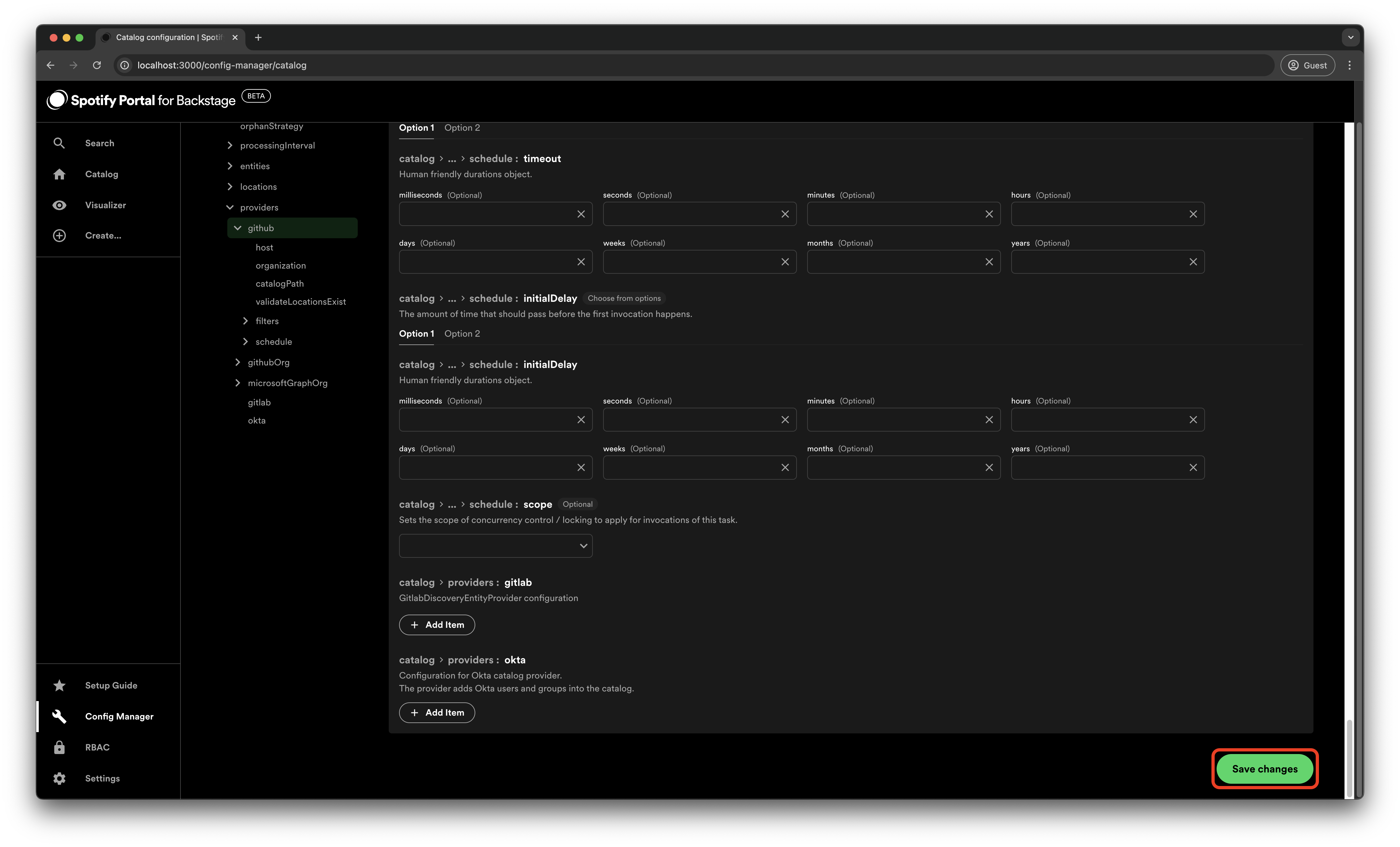The bottom of the Config Manager page with the Save changes button highlighted