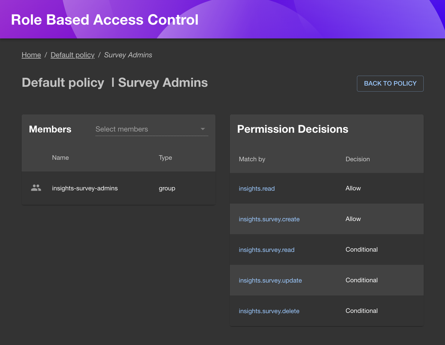 A Survey Admin role set up via the RBAC plugin