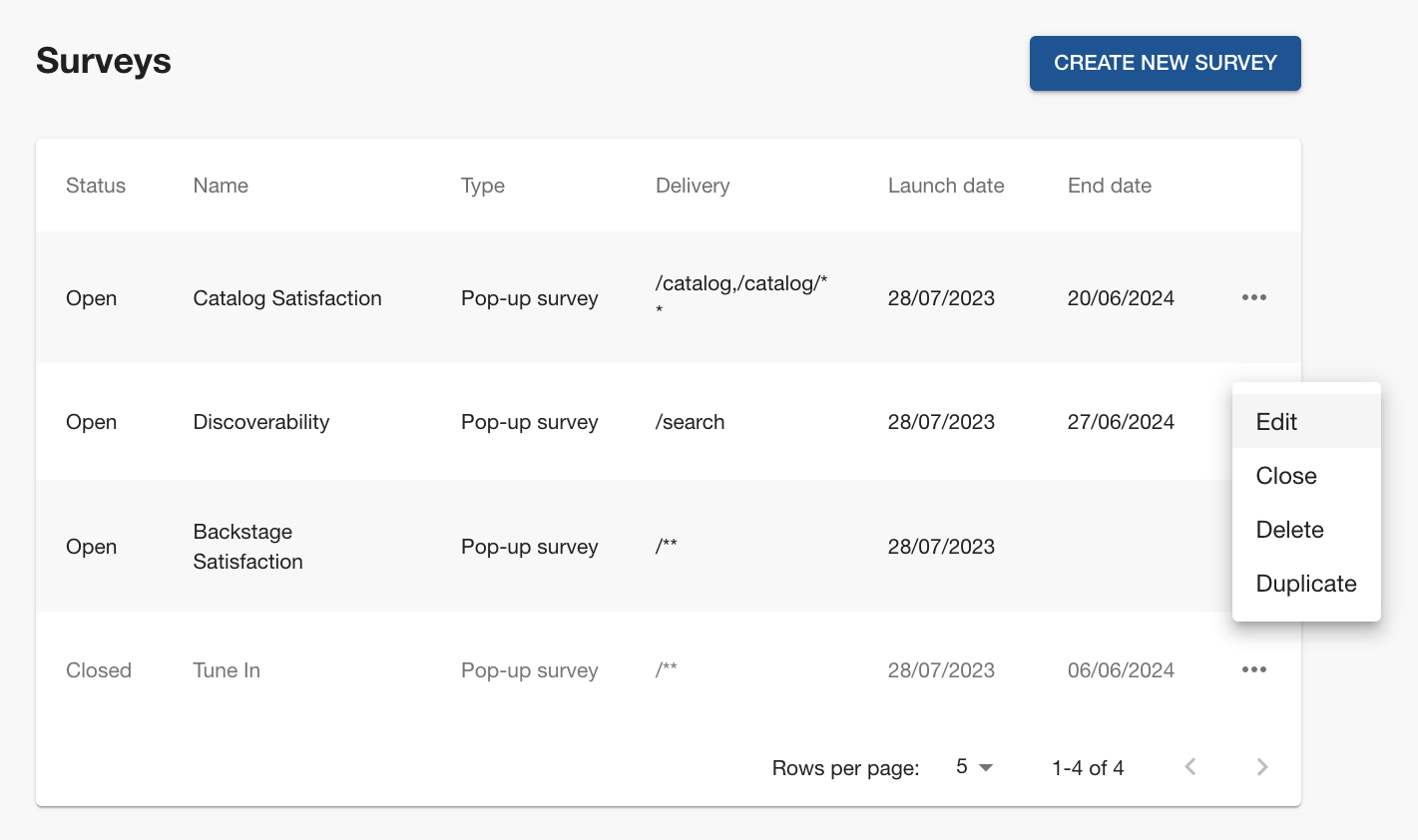 Surveys table and action menu