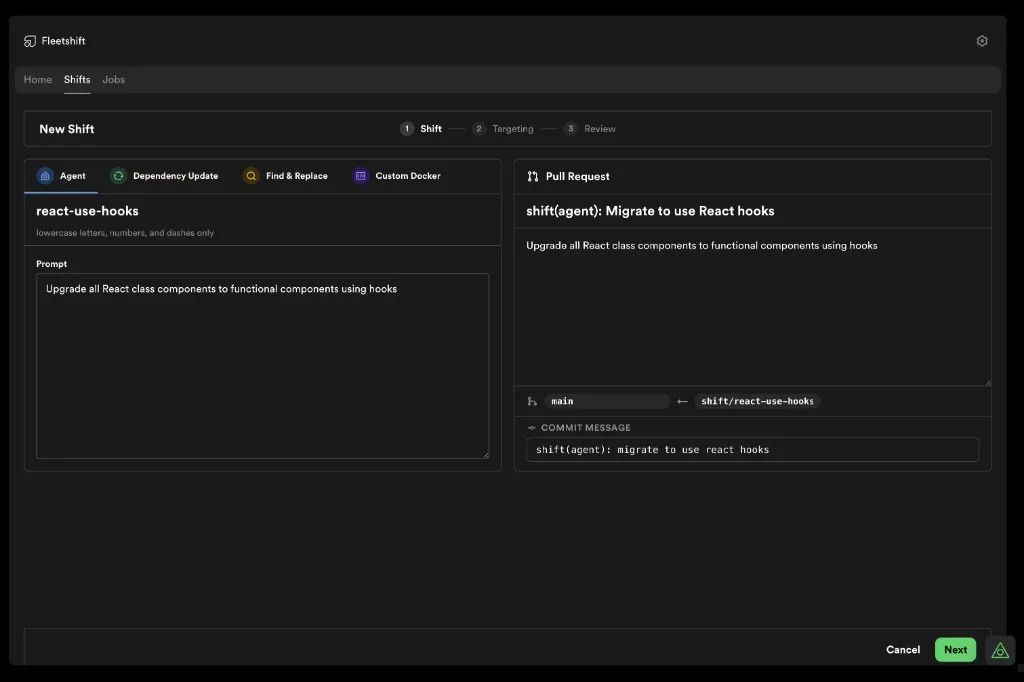 Fleetshift New Shift screen with an agent prompt to migrate React class components to hooks